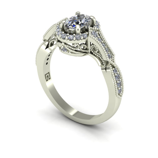 three quarter oval diamond vintage style engagement ring in 14k white gold - Charles Babb Designs