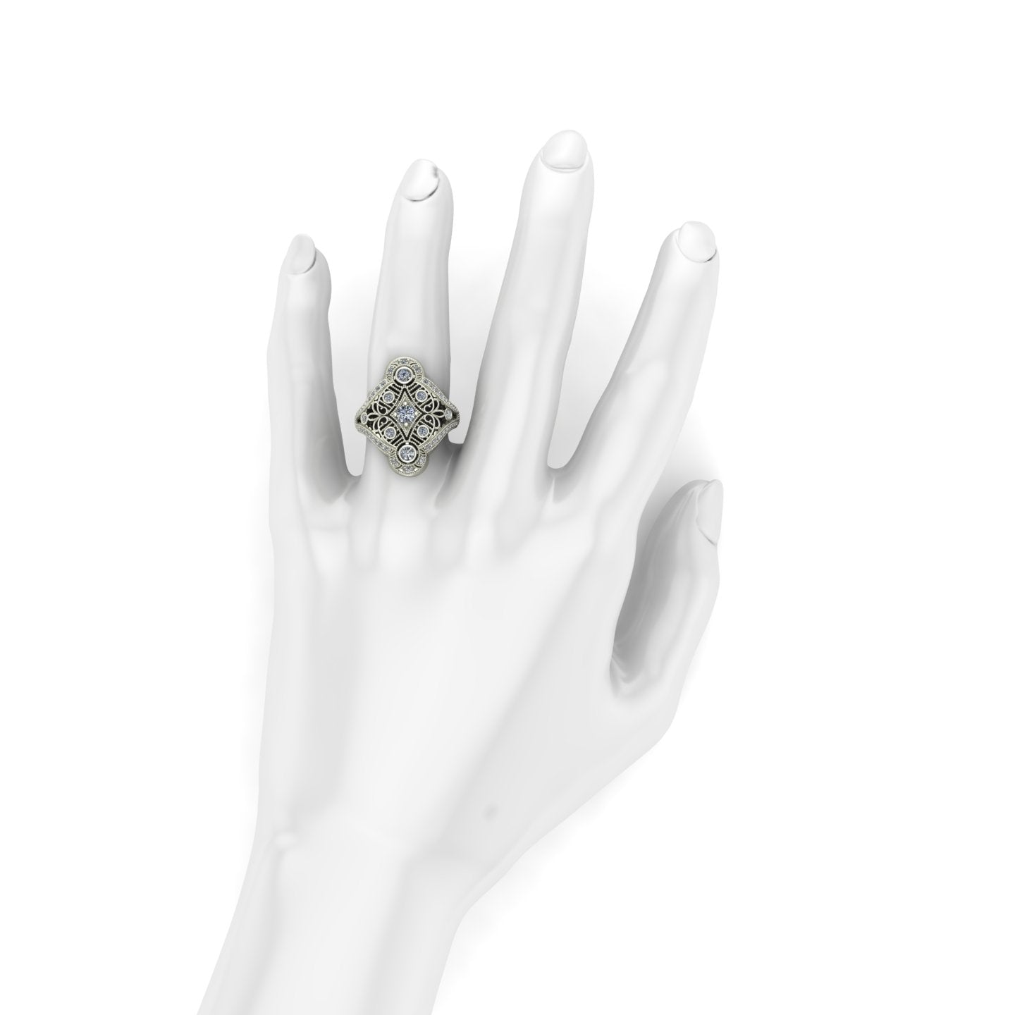 one carat diamond vintage style cocktail ring in 14k white gold - Charles Babb Designs - on hand