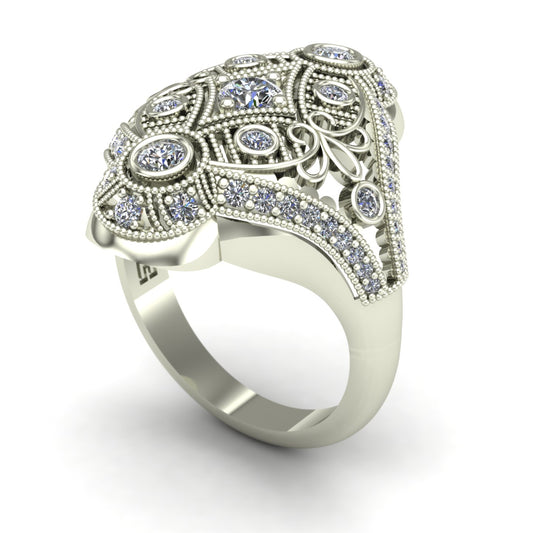 one carat diamond vintage style cocktail ring in 14k white gold - Charles Babb Designs