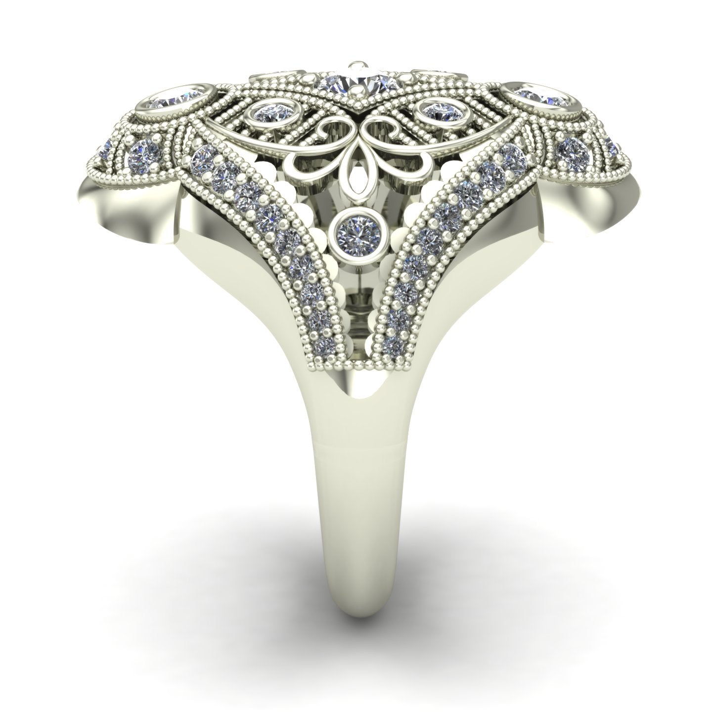 one carat diamond vintage style cocktail ring in 14k white gold - Charles Babb Designs - side view