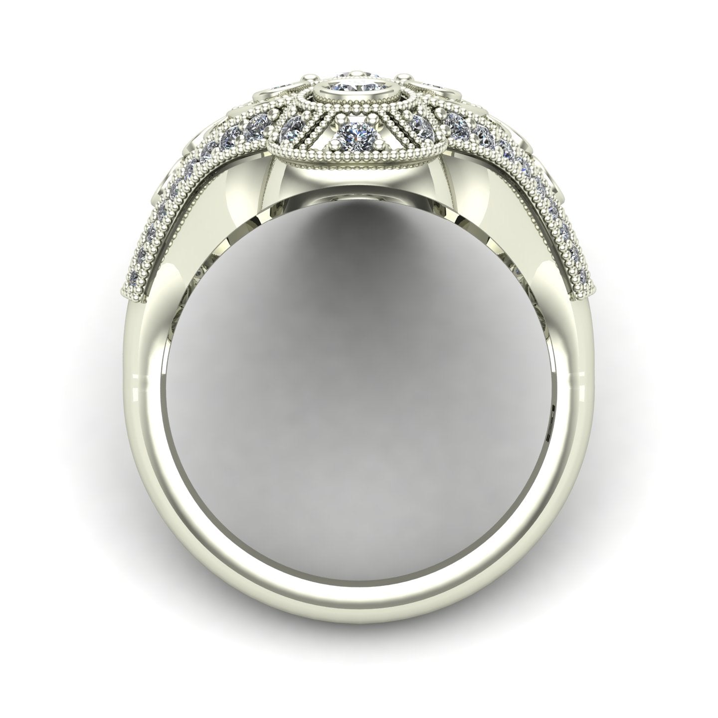 one carat diamond vintage style cocktail ring in 14k white gold - Charles Babb Designs - through finger view