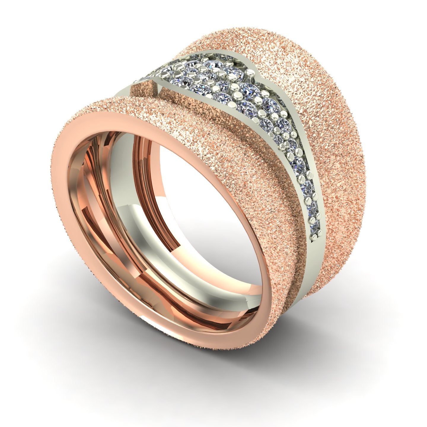 diamond pave cigar band two tone ring in 14k rose and white gold - Charles Babb Designs