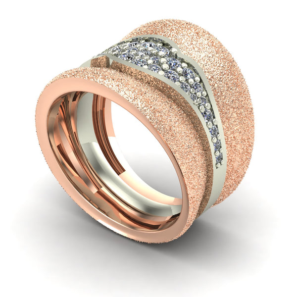 Diamond pavé cigar band ring in 14k rose and white gold