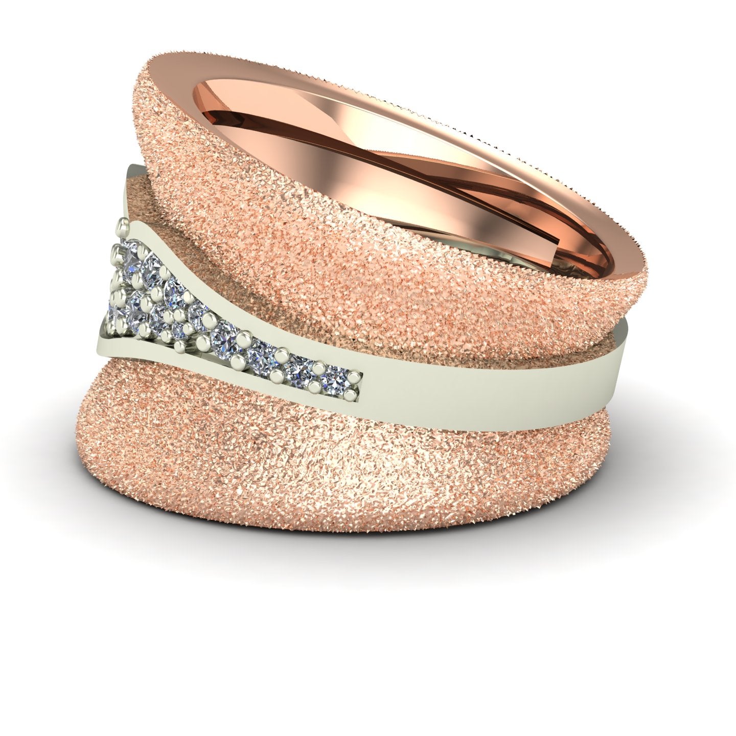 diamond pave cigar band two tone ring in 14k rose and white gold - Charles Babb Designs - side view