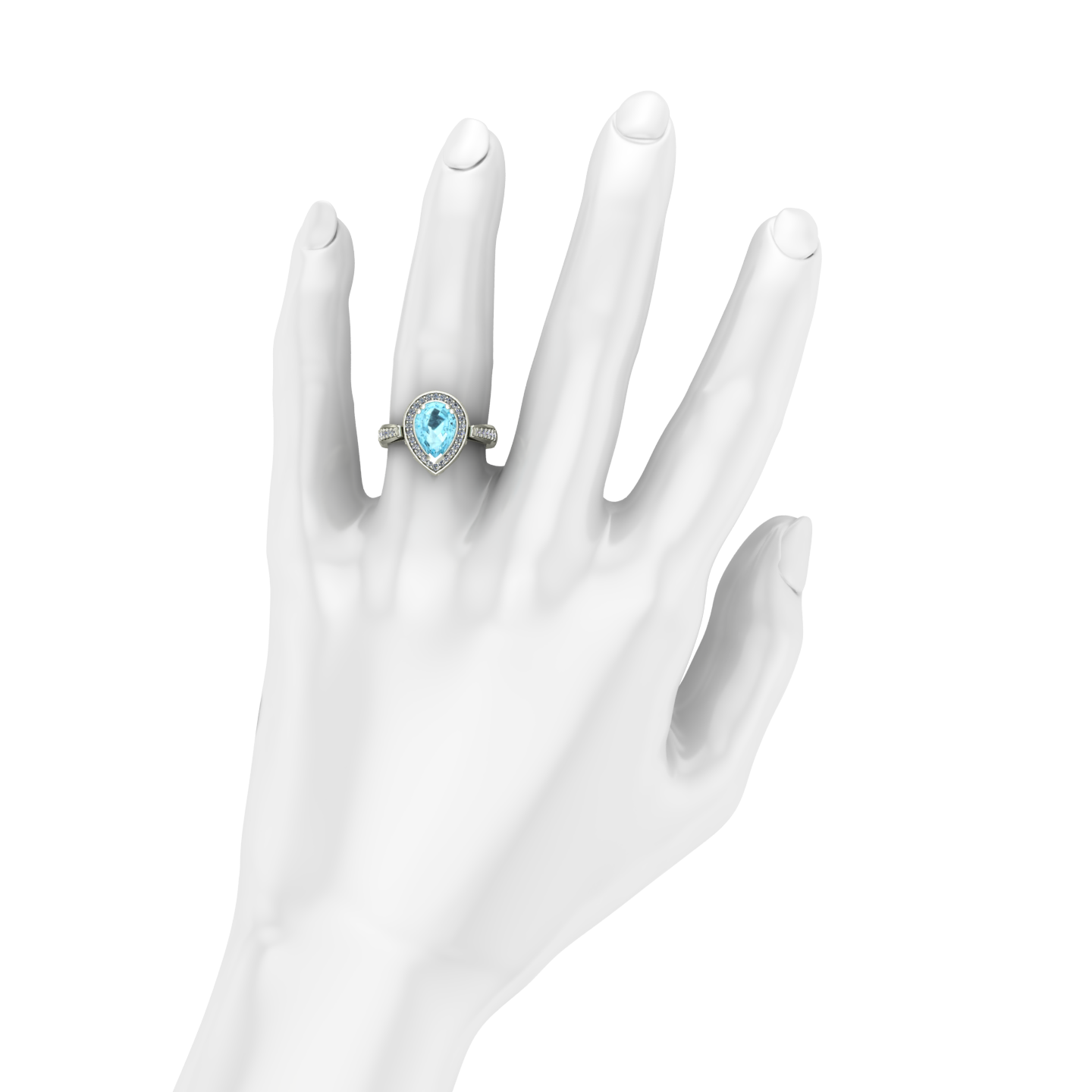 Aquamarine and diamond pear scroll ring in 14k white gold - Charles Babb Designs - on hand