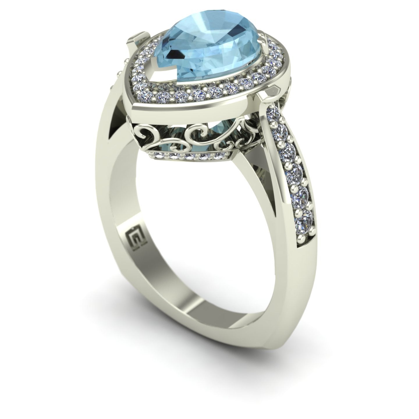 Aquamarine and diamond pear scroll ring in 14k white gold - Charles Babb Designs - 1