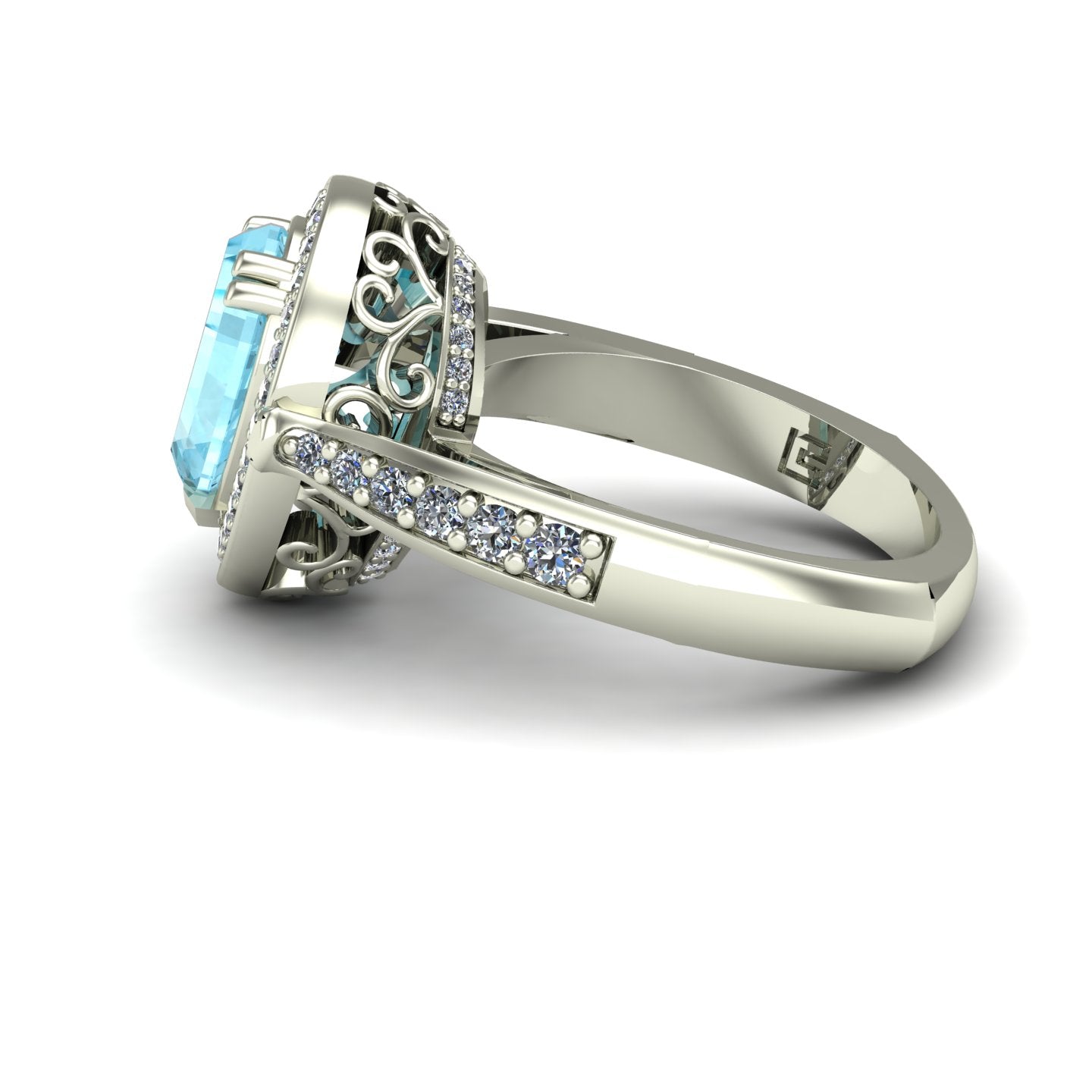 Aquamarine and diamond pear scroll ring in 14k white gold - Charles Babb Designs - side view
