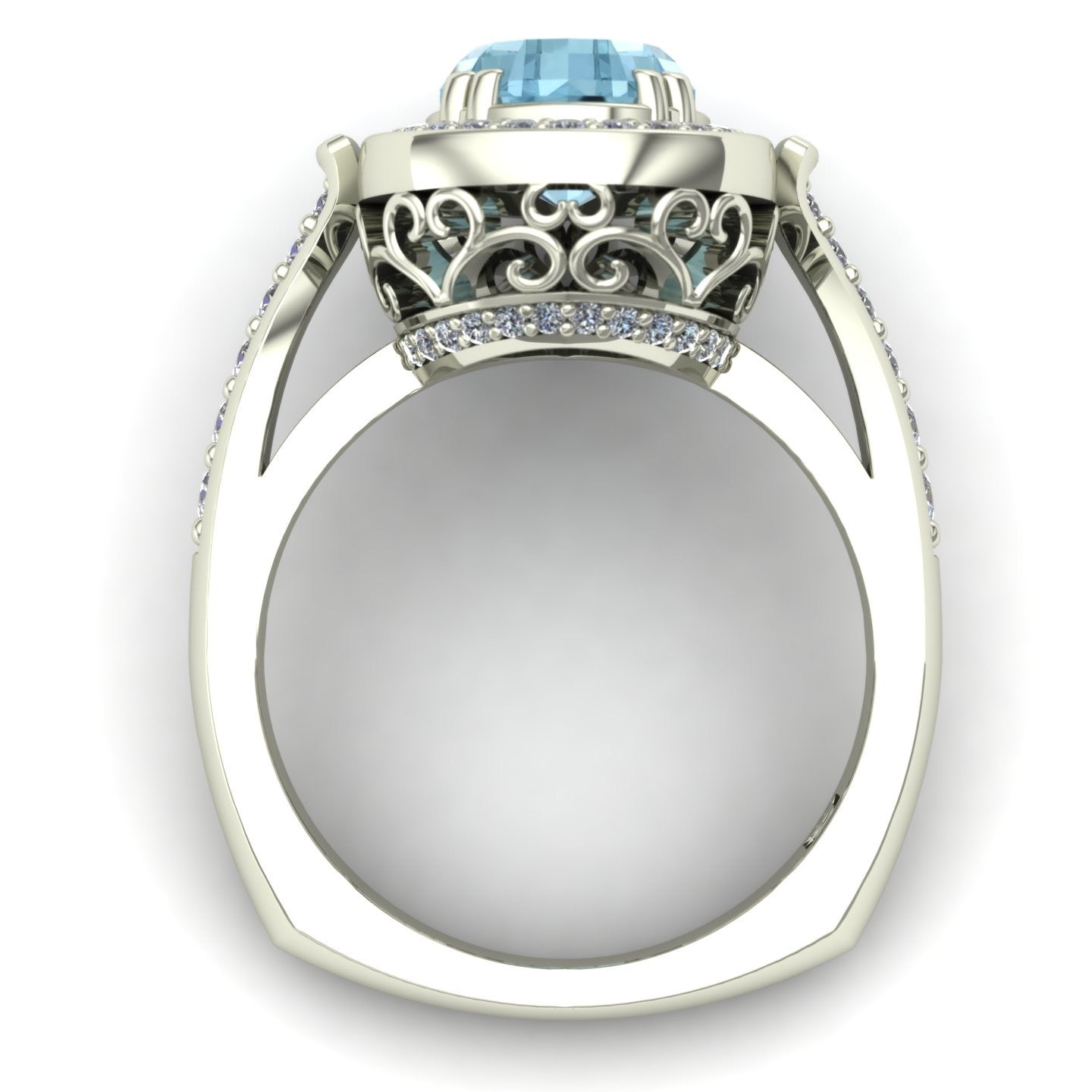 Aquamarine and diamond pear scroll ring in 14k white gold - Charles Babb Designs - through finger view