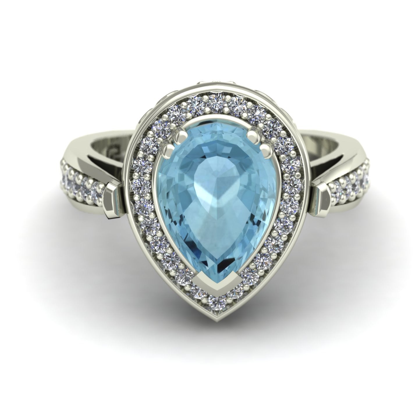 Aquamarine and diamond pear scroll ring in 14k white gold - Charles Babb Designs - top view