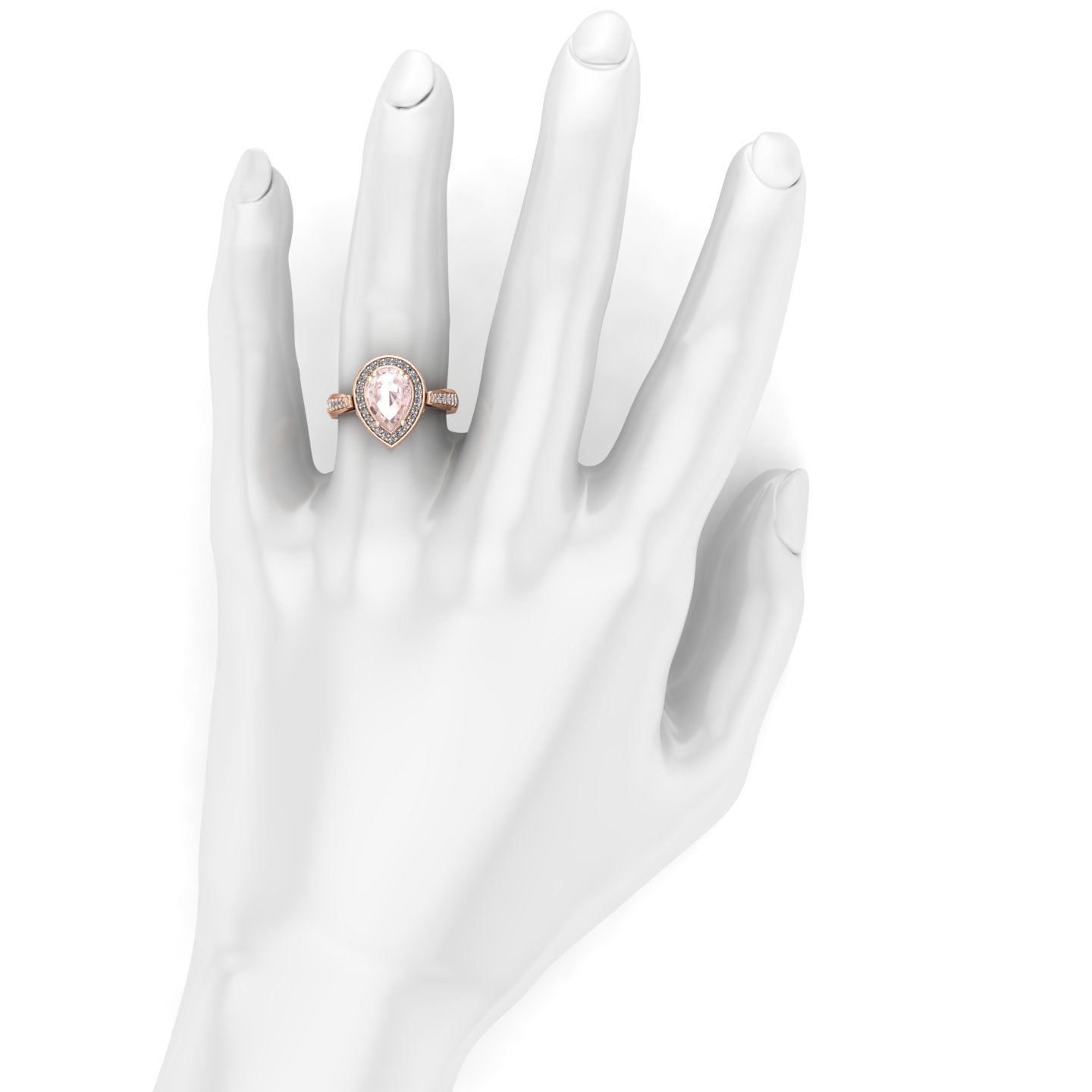 pear morganite and diamond scroll ring in 14k rose gold - Charles Babb Designs - on hand