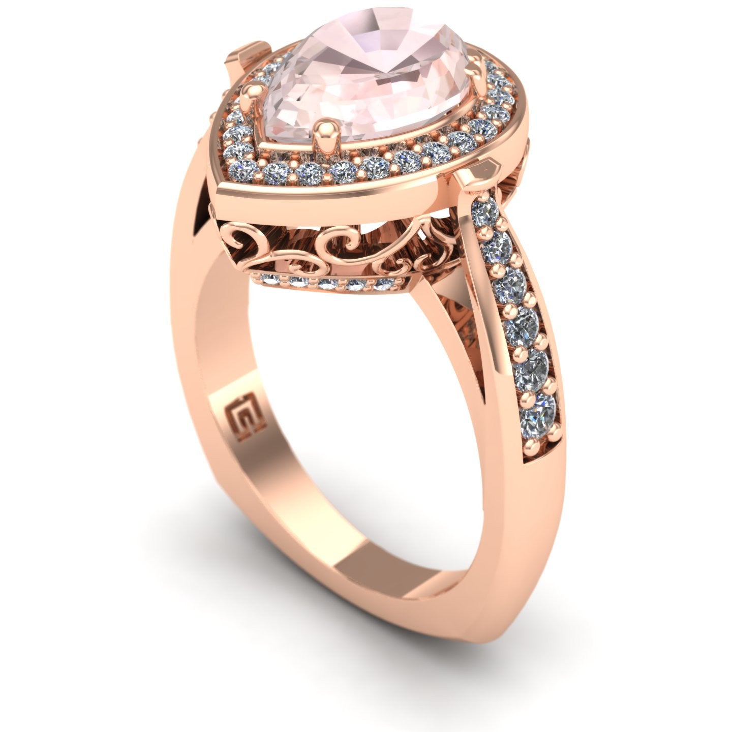 pear morganite and diamond scroll ring in 14k rose gold - Charles Babb Designs