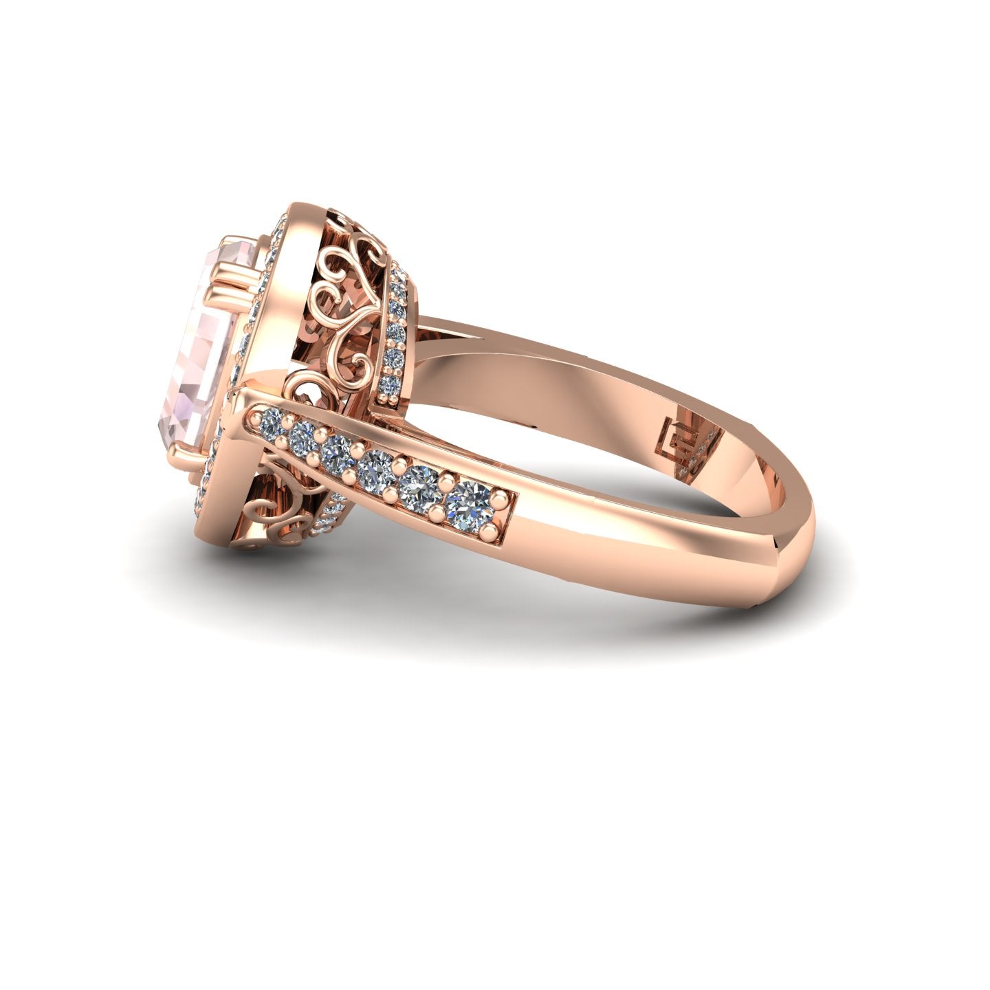 pear morganite and diamond scroll ring in 14k rose gold - Charles Babb Designs - side view