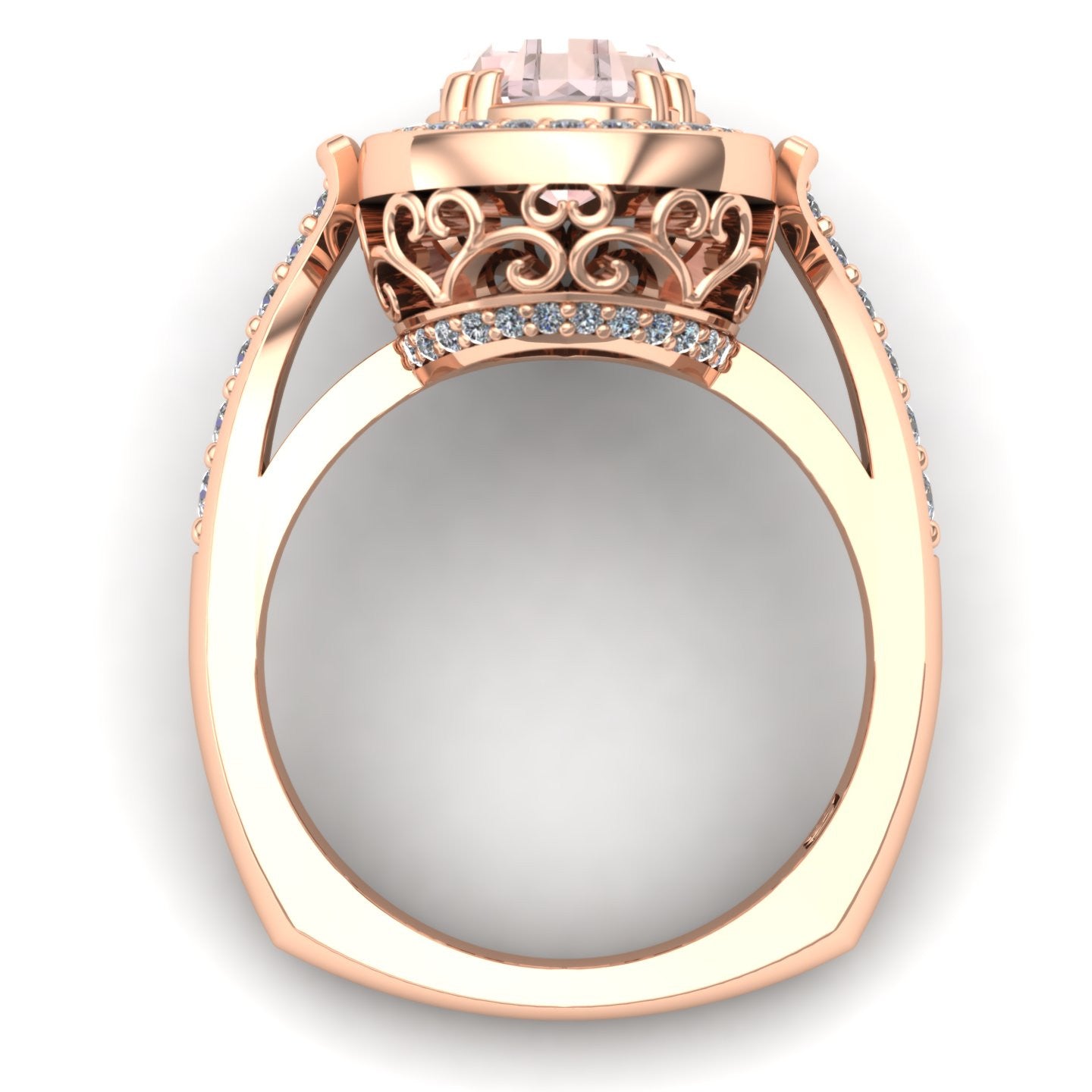 pear morganite and diamond scroll ring in 14k rose gold - Charles Babb Designs - through finger view