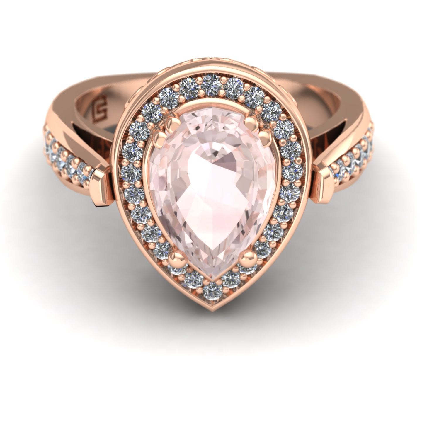 pear morganite and diamond scroll ring in 14k rose gold - Charles Babb Designs - top view