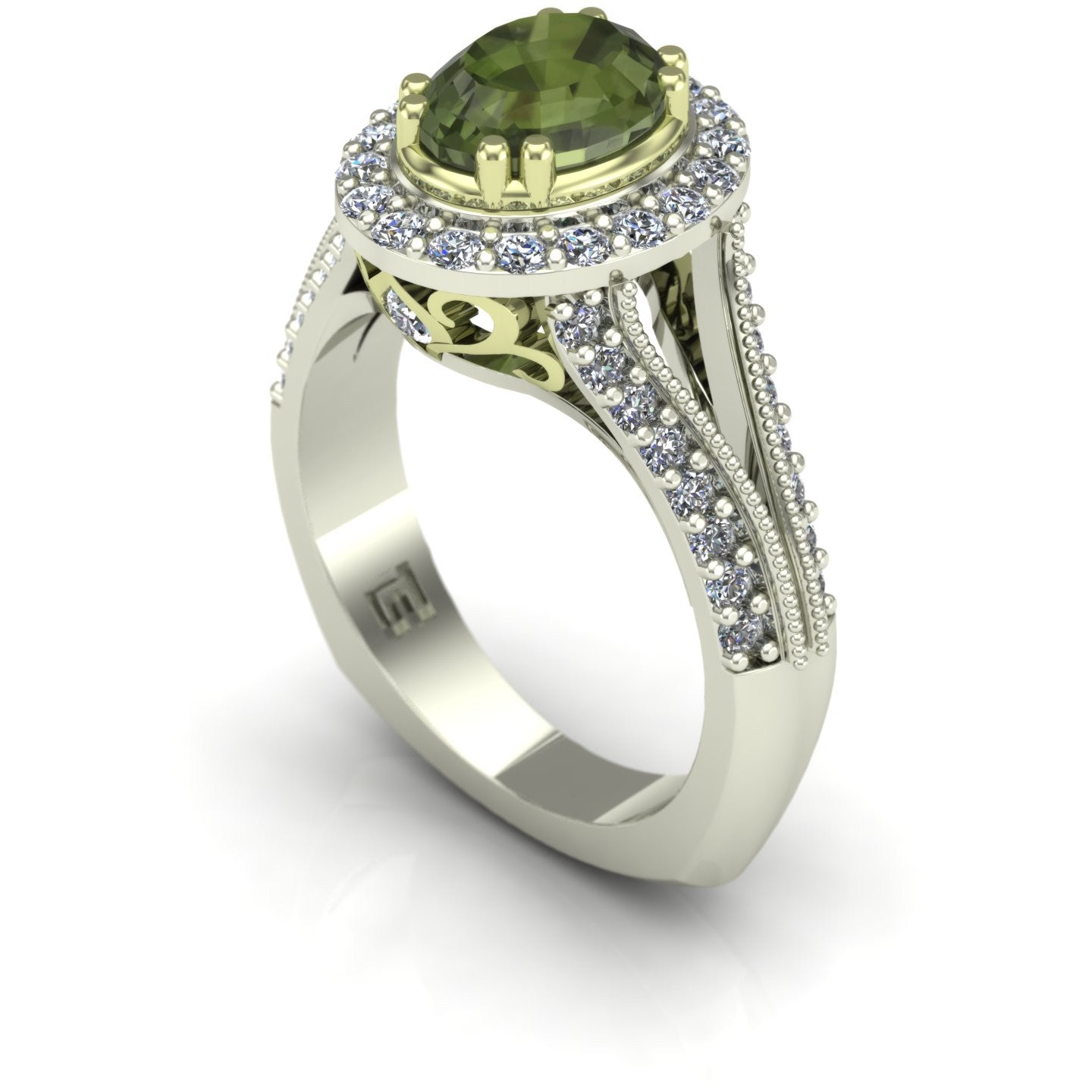 Green tourmaline and diamond oval scroll ring in 14k green and white gold