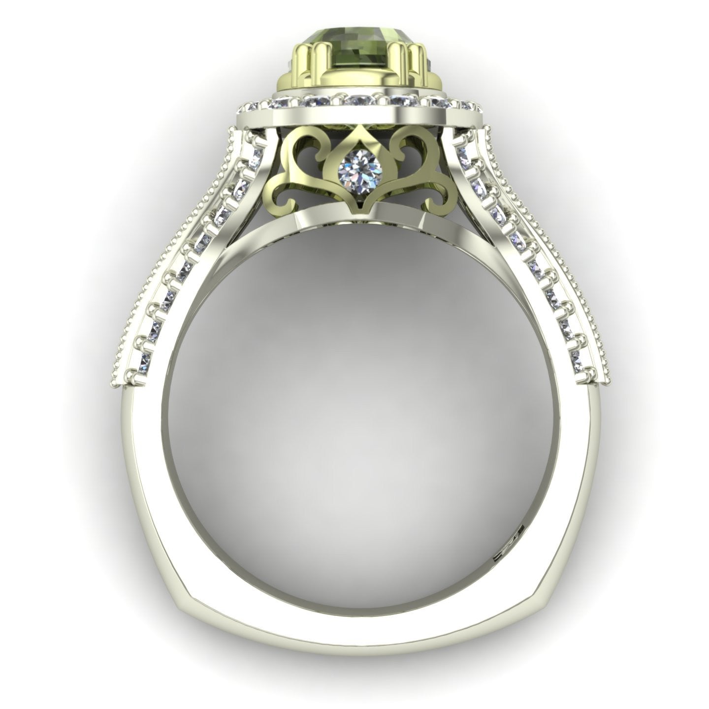 oval green tourmaline and diamond scroll two tone ring in 14k green and white gold - Charles Babb Designs - through finger view