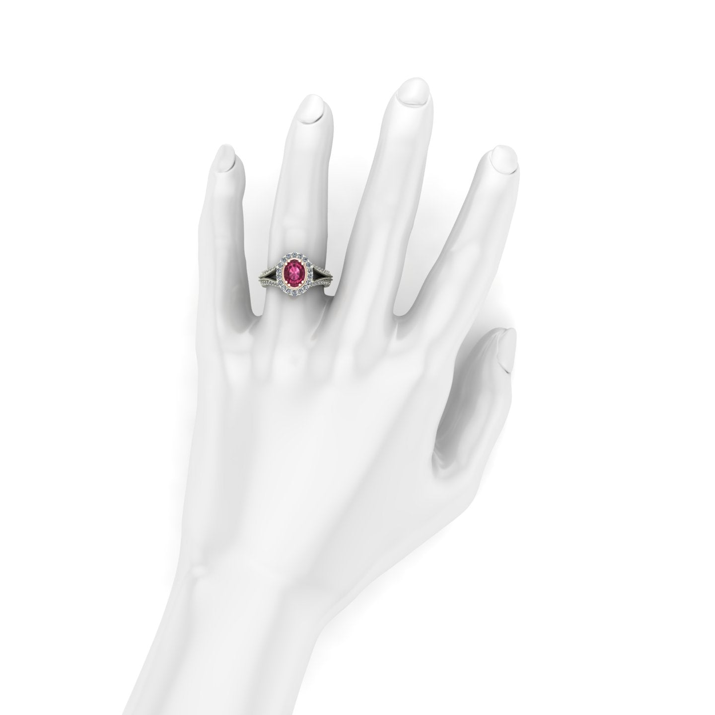 oval pink tourmaline and diamond two tone scroll ring in 14k rose and white gold - Charles Babb Designs - on hand