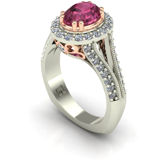 oval pink tourmaline and diamond two tone scroll ring in 14k rose and white gold - Charles Babb Designs