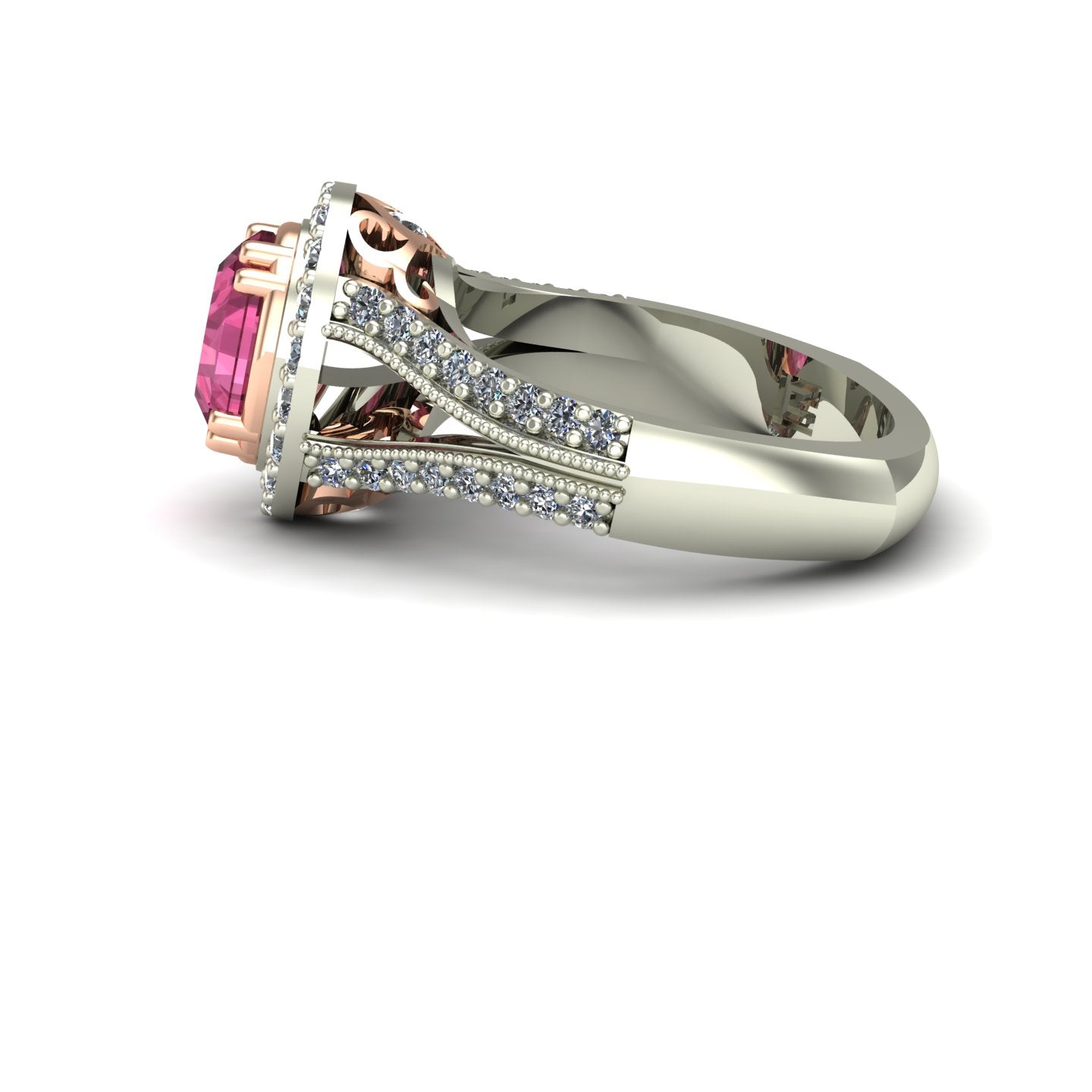 oval pink tourmaline and diamond two tone scroll ring in 14k rose and white gold - Charles Babb Designs - side view