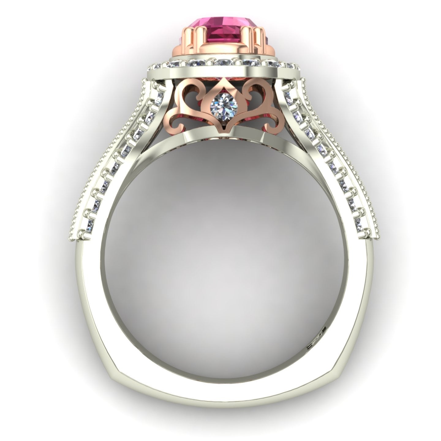 oval pink tourmaline and diamond two tone scroll ring in 14k rose and white gold - Charles Babb Designs - through finger view