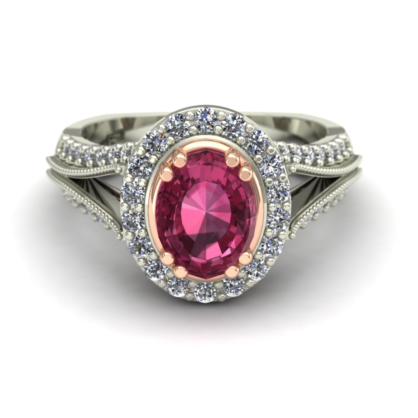 oval pink tourmaline and diamond two tone scroll ring in 14k rose and white gold - Charles Babb Designs - top view