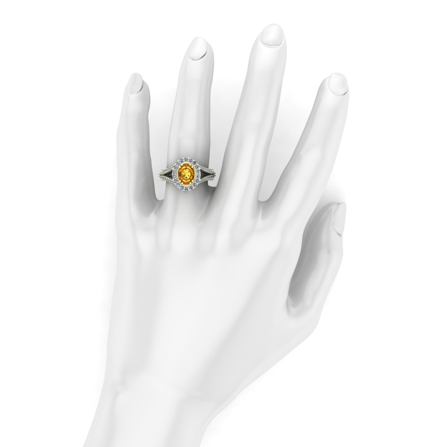 Yellow sapphire and diamond oval scroll ring in 14k yellow and white gold