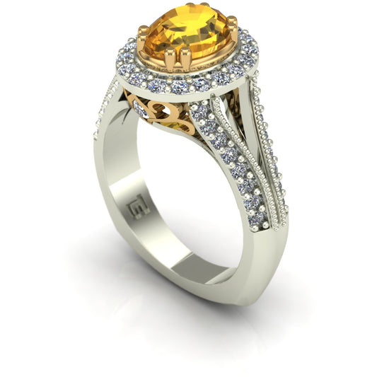 Yellow sapphire and diamond oval scroll ring in 14k yellow and white gold - Charles Babb Designs
 - 1