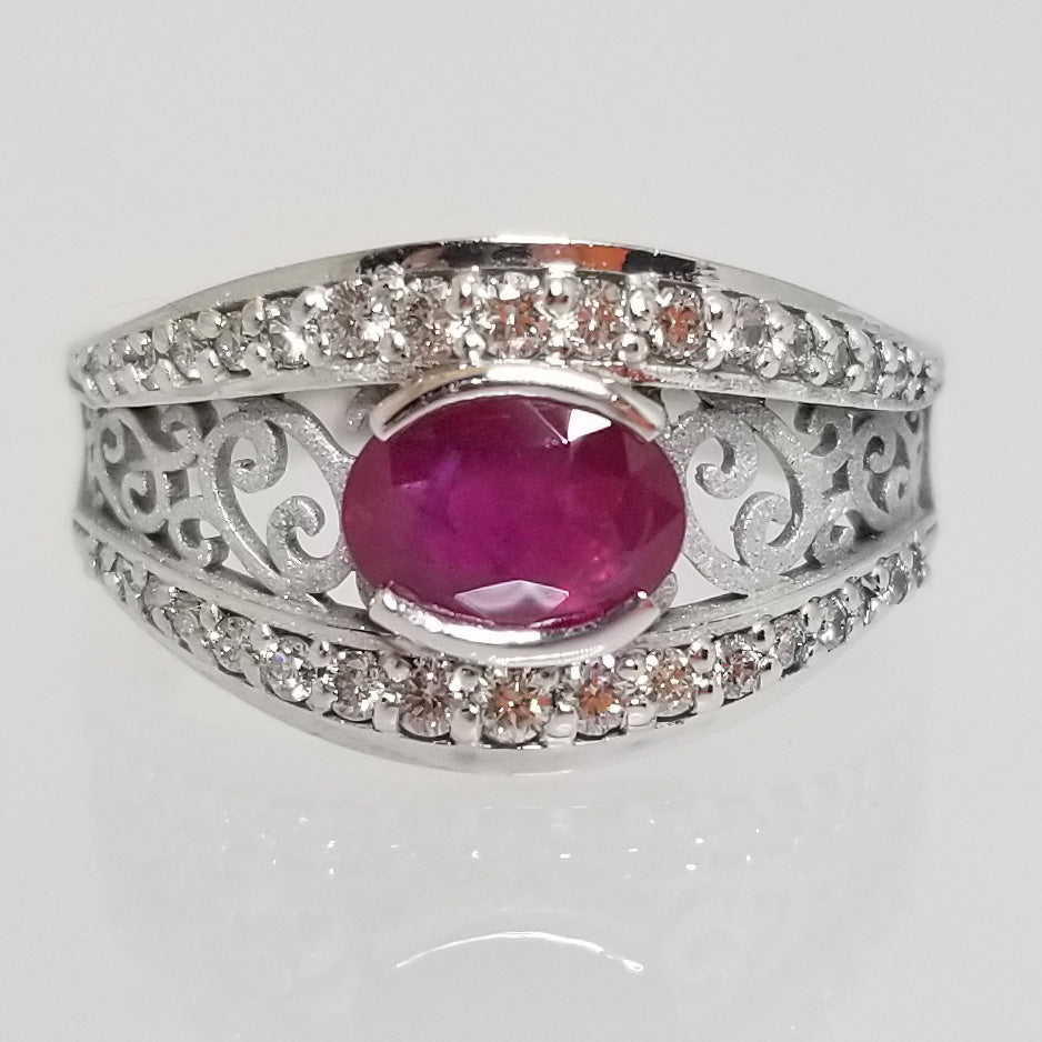 Ready to ship ruby and diamond scroll ring in 14k white gold