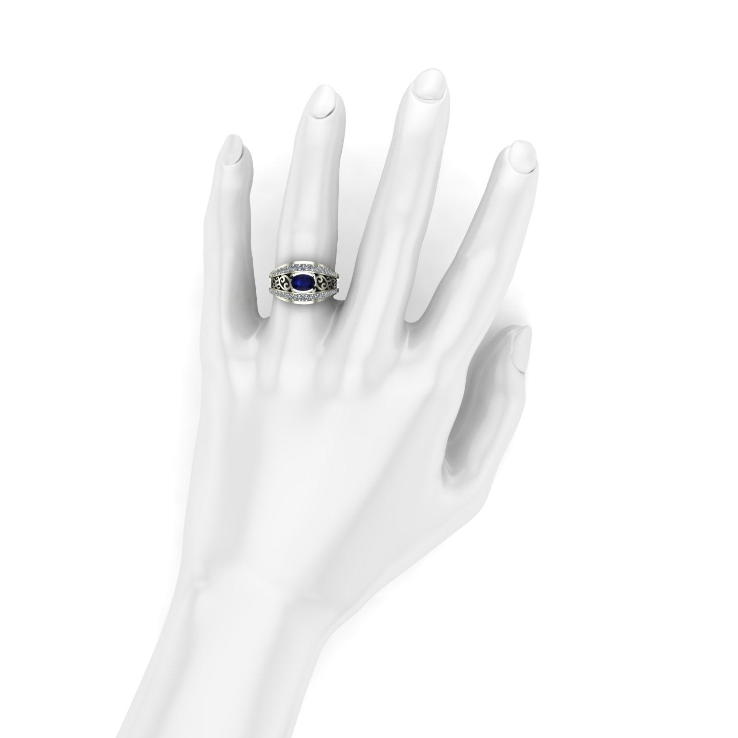half bezel east west set oval blue sapphire and diamond scroll ring in 14k white gold - Charles Babb Designs - on hand