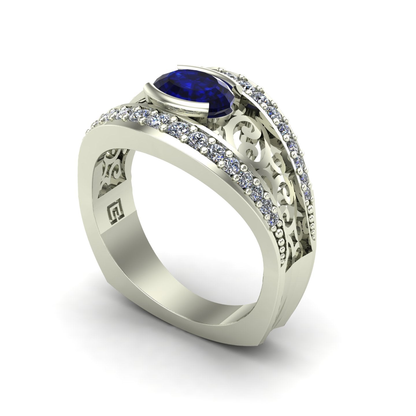half bezel east west set oval blue sapphire and diamond scroll ring in 14k white gold - Charles Babb Designs