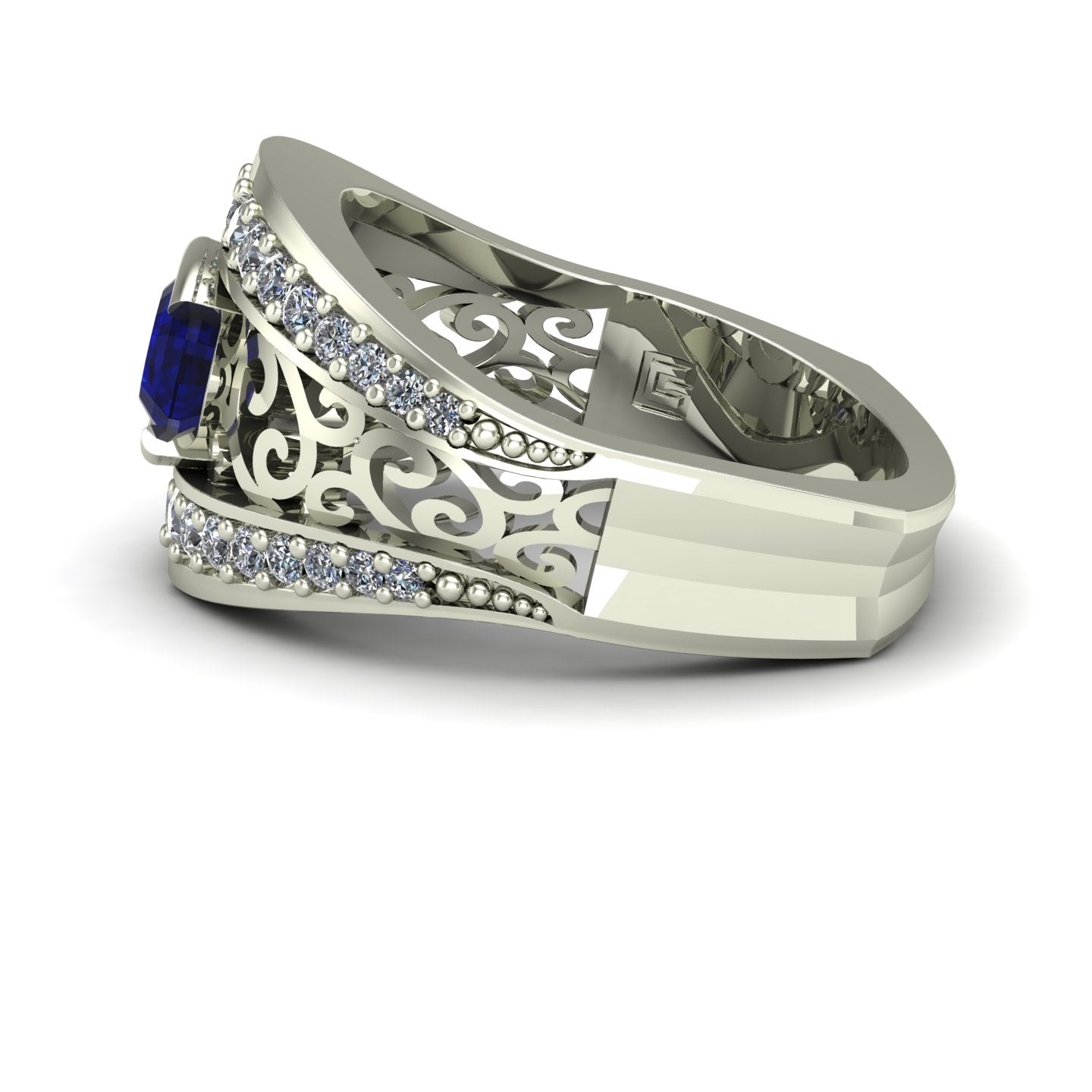 half bezel east west set oval blue sapphire and diamond scroll ring in 14k white gold - Charles Babb Designs - side view