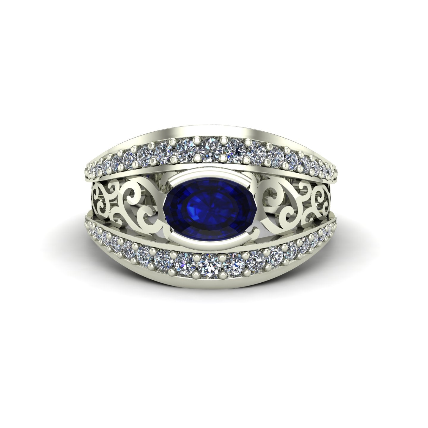 half bezel east west set oval blue sapphire and diamond scroll ring in 14k white gold - Charles Babb Designs - top view