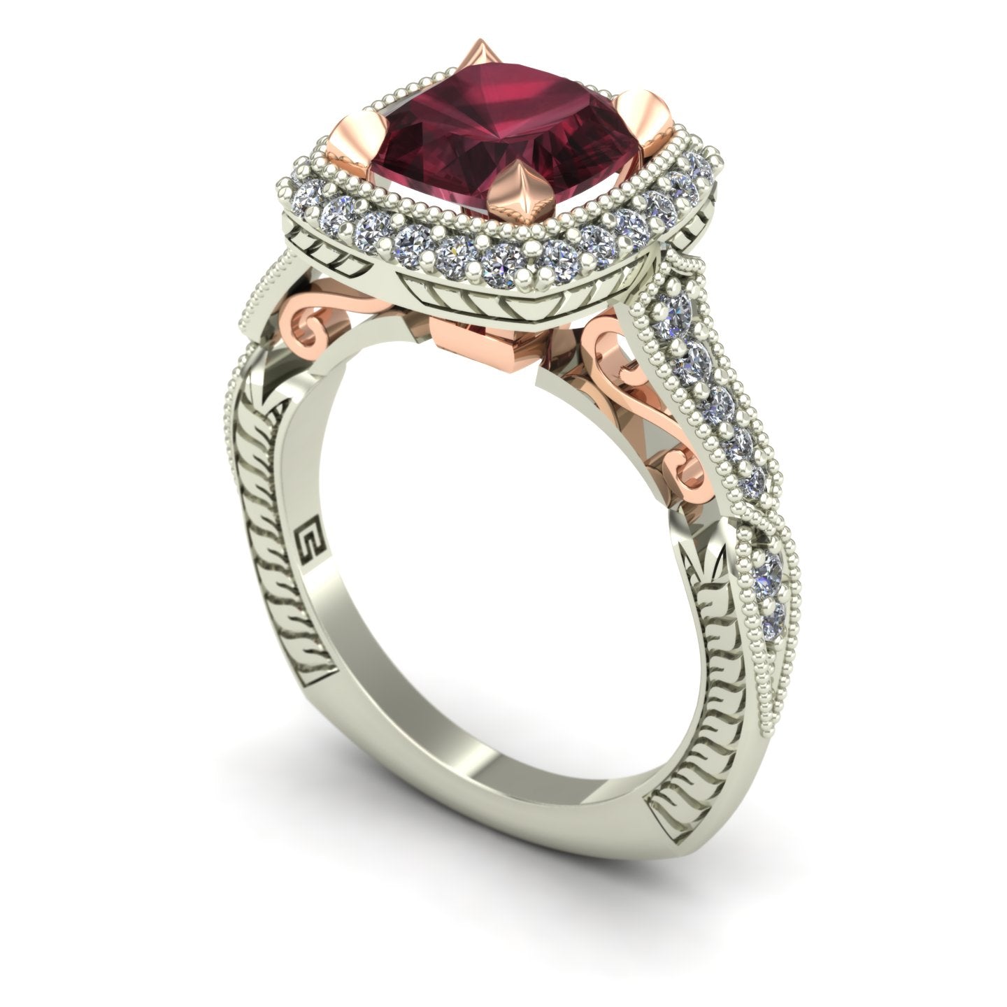 cushion cut rhodolite garnet and diamond halo two tone scroll ring in 14k rose and white gold - Charles Babb Designs