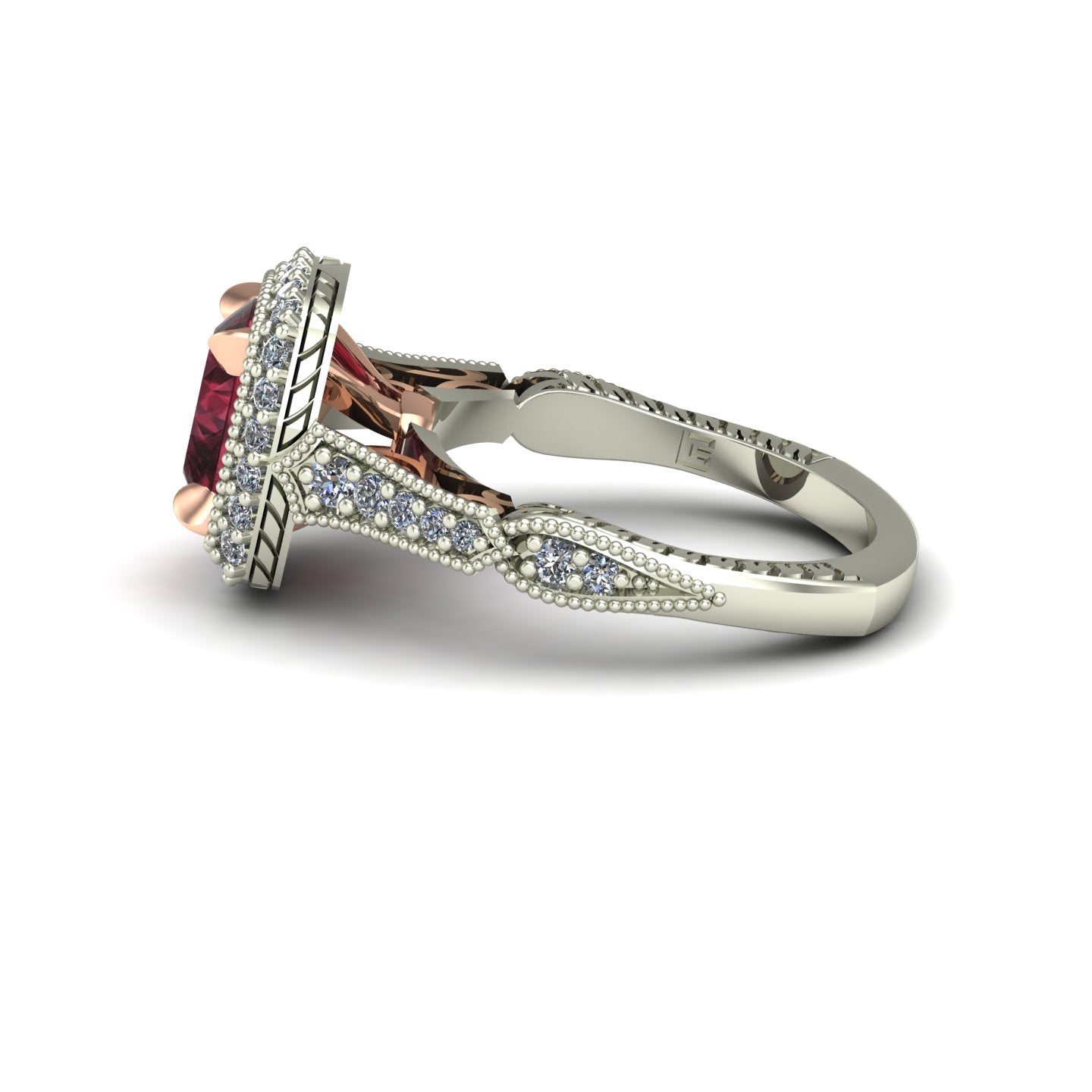 cushion cut rhodolite garnet and diamond halo two tone scroll ring in 14k rose and white gold - Charles Babb Designs - side view