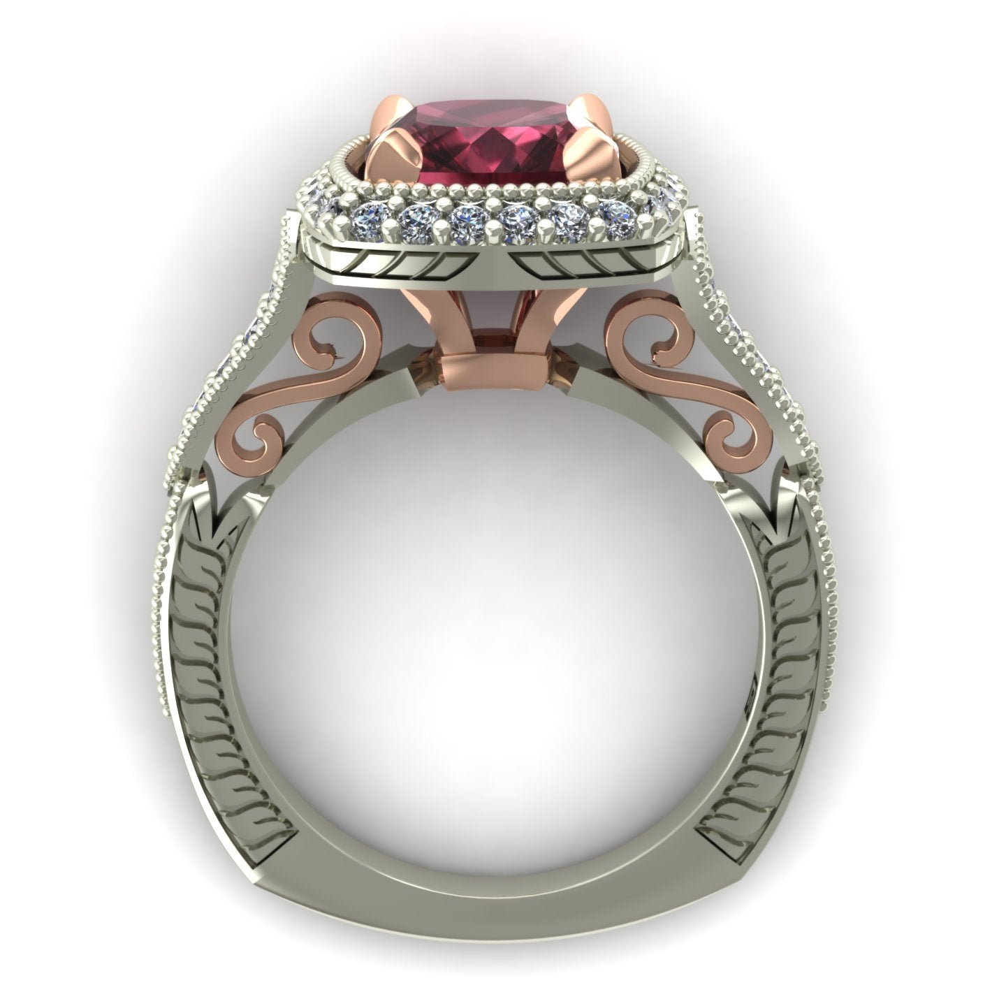cushion cut rhodolite garnet and diamond halo two tone scroll ring in 14k rose and white gold - Charles Babb Designs - through finger view
