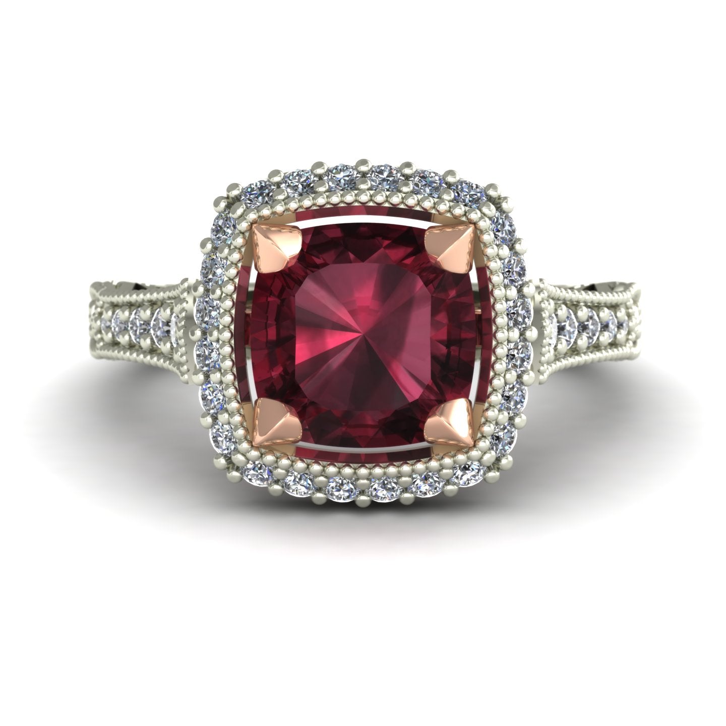 cushion cut rhodolite garnet and diamond halo two tone scroll ring in 14k rose and white gold - Charles Babb Designs - top view