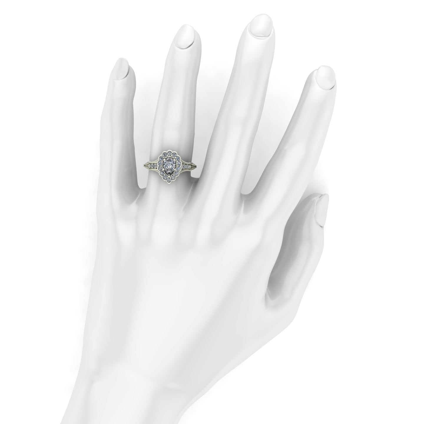 three quarter carat pear cut diamond engagement ring with scallop halo in 18k white gold - Charles Babb Designs - on hand