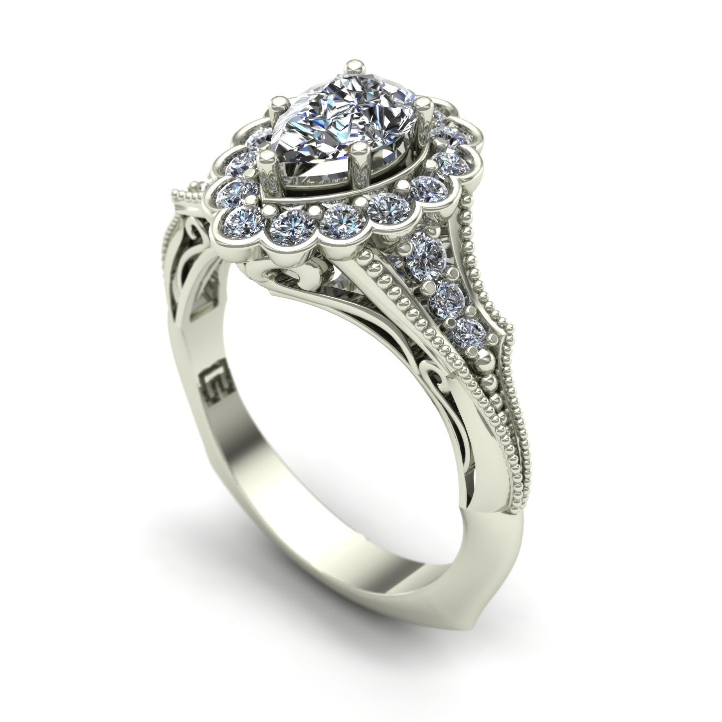 three quarter carat pear cut diamond engagement ring with scallop halo in 18k white gold - Charles Babb Designs