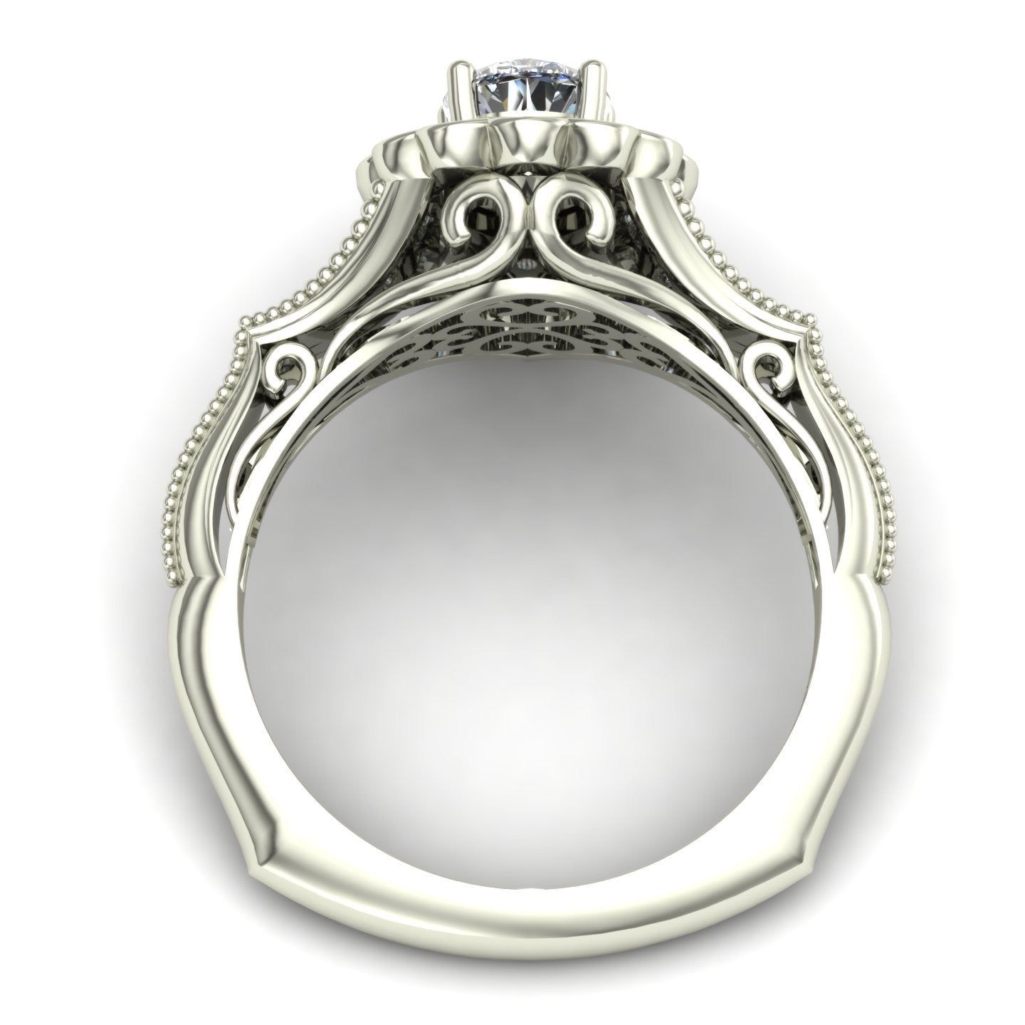 three quarter carat pear cut diamond engagement ring with scallop halo in 18k white gold - Charles Babb Designs - through finger view