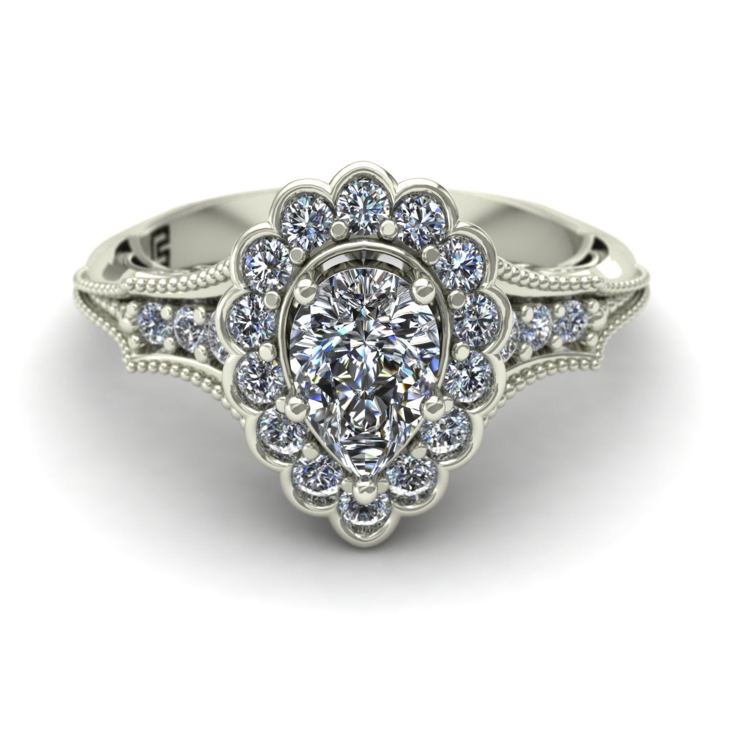 three quarter carat pear cut diamond engagement ring with scallop halo in 18k white gold - Charles Babb Designs - top view