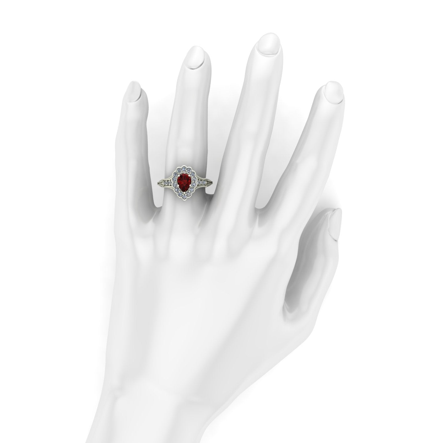 pear ruby and diamond scallop halo ring in 18k white gold - Charles Babb Designs - on hand