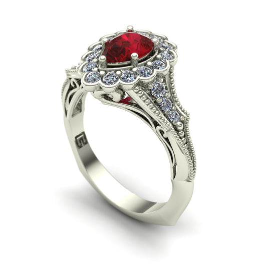 pear ruby and diamond scallop halo ring in 18k white gold - Charles Babb Designs