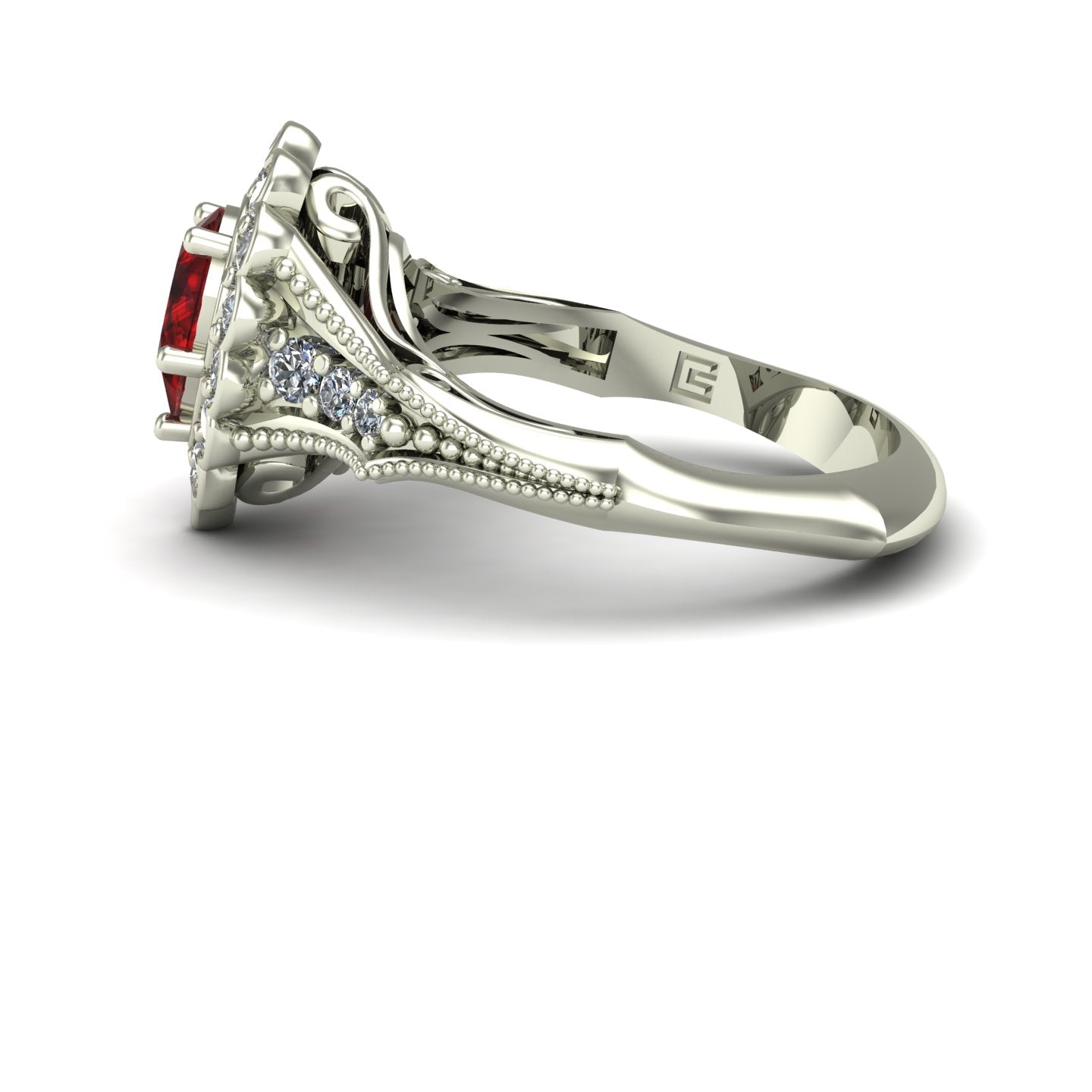 pear ruby and diamond scallop halo ring in 18k white gold - Charles Babb Designs - side view