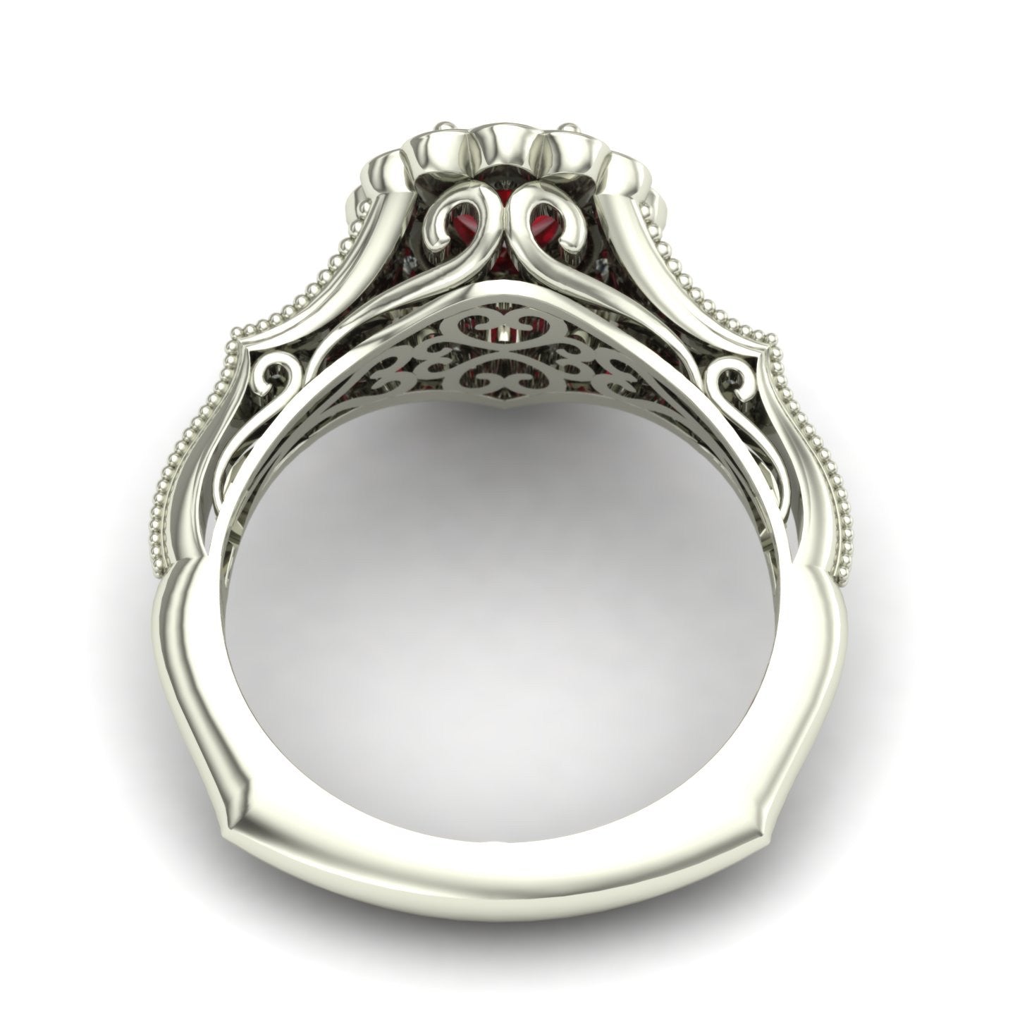pear ruby and diamond scallop halo ring in 18k white gold - Charles Babb Designs - through finger view