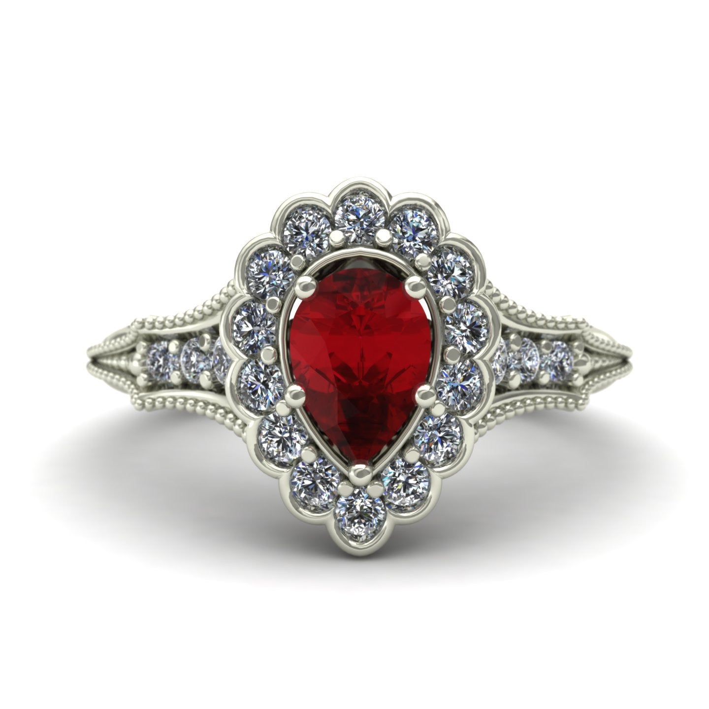 pear ruby and diamond scallop halo ring in 18k white gold - Charles Babb Designs - top view
