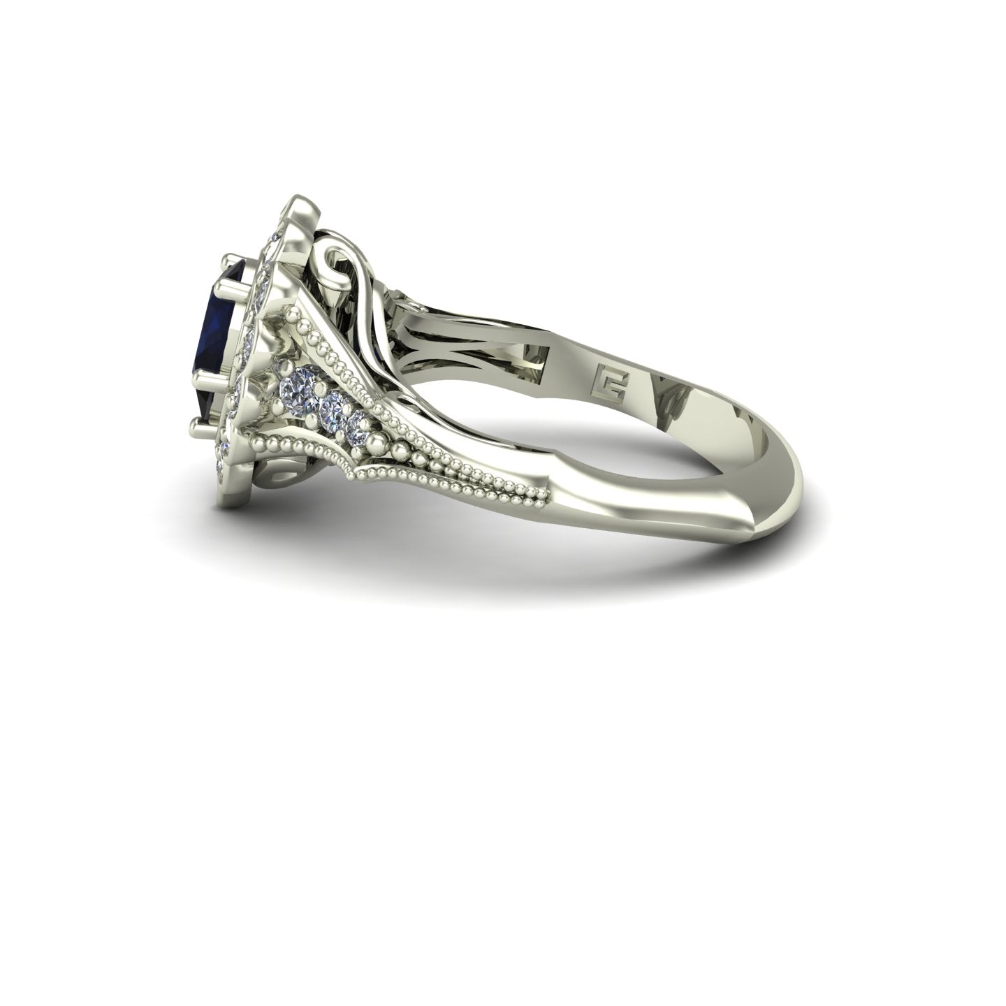 Pear blue sapphire and diamond vintage ring in 18k white gold - Charles Babb Designs - side view
