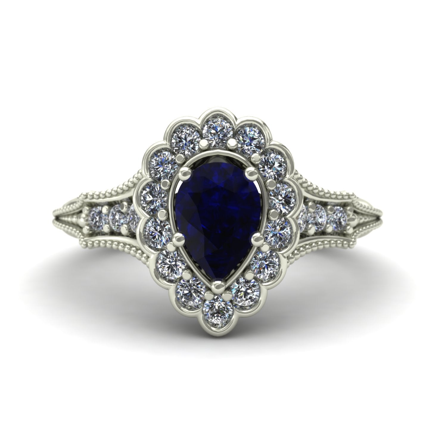 Pear blue sapphire and diamond vintage ring in 18k white gold - Charles Babb Designs - top view