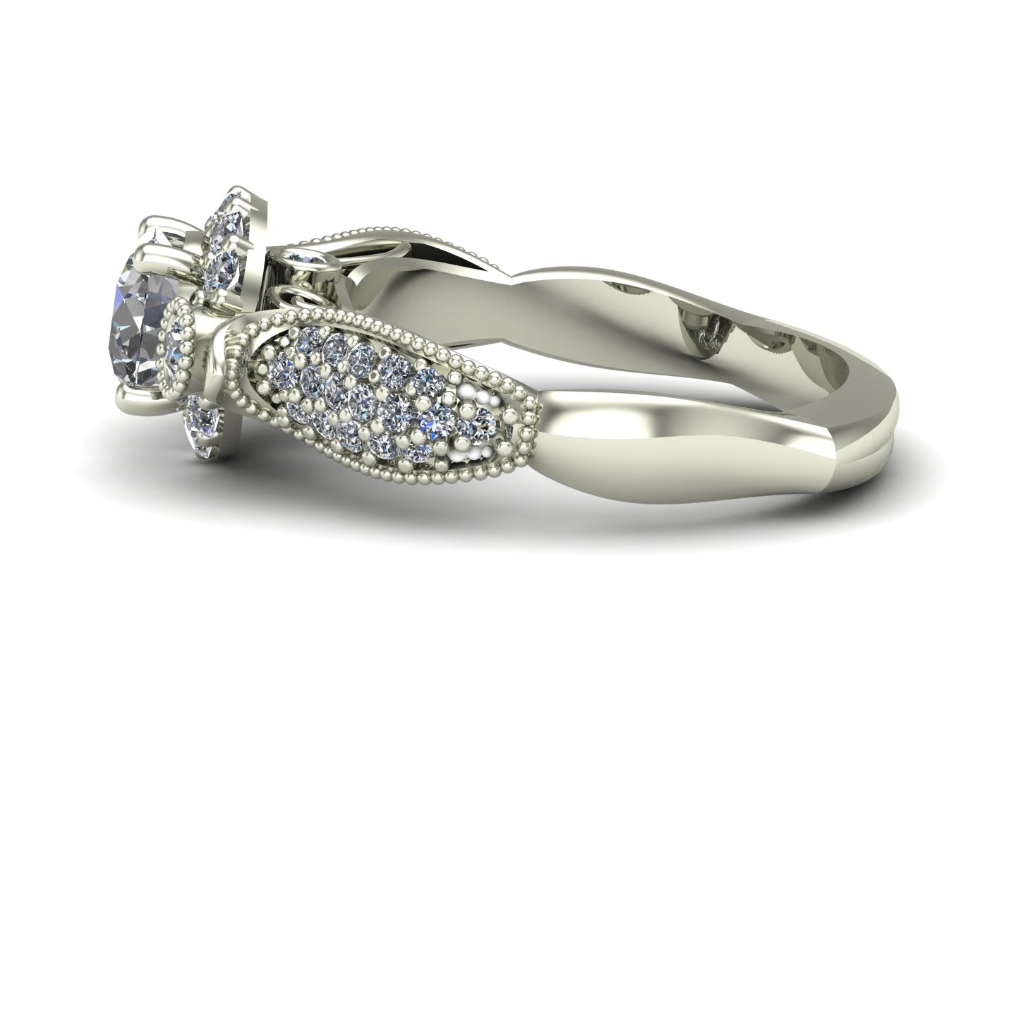 1ct diamond pavé engagement ring in 18k white gold - Charles Babb Designs - side view