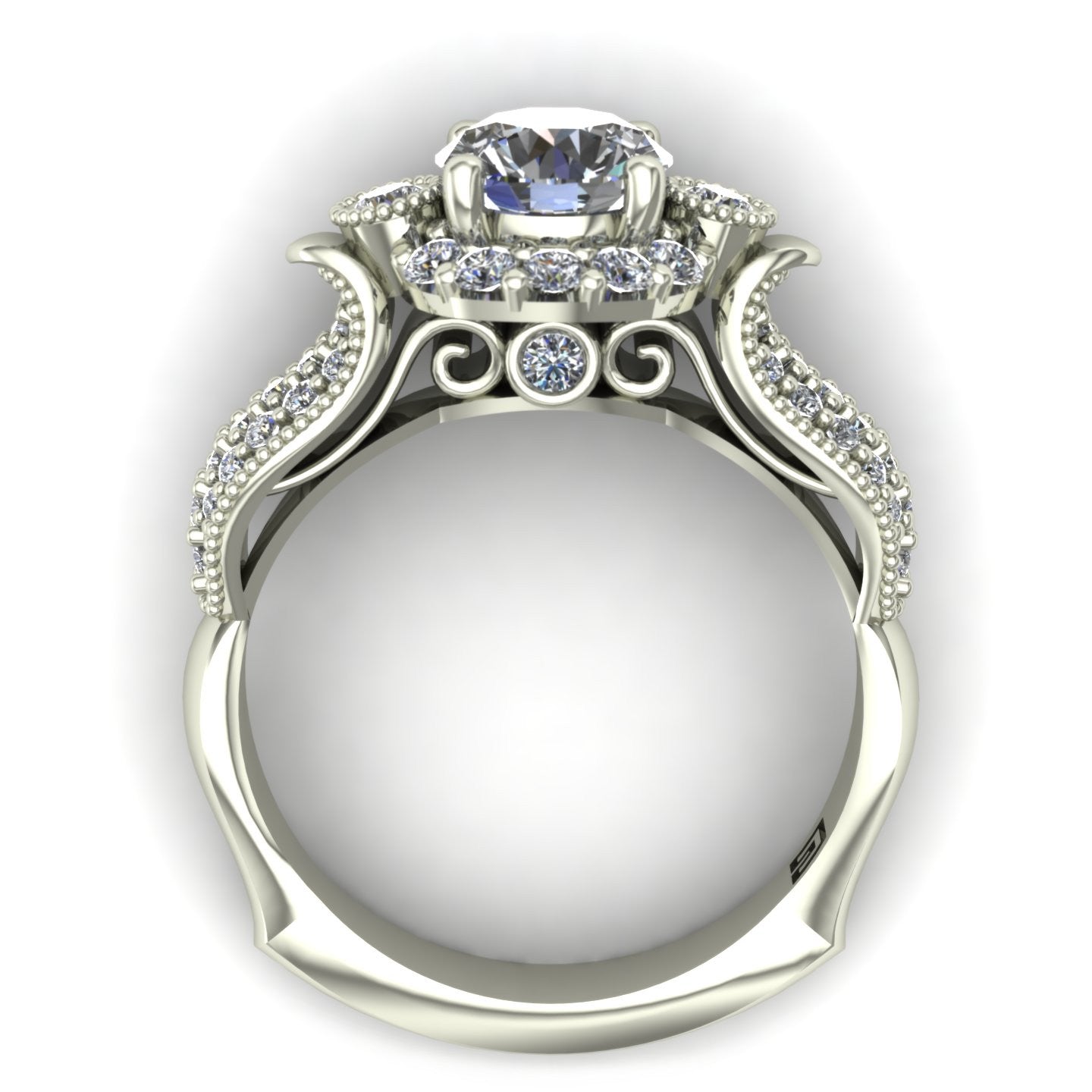 1ct diamond pavé engagement ring in 18k white gold - Charles Babb Designs - through finger view