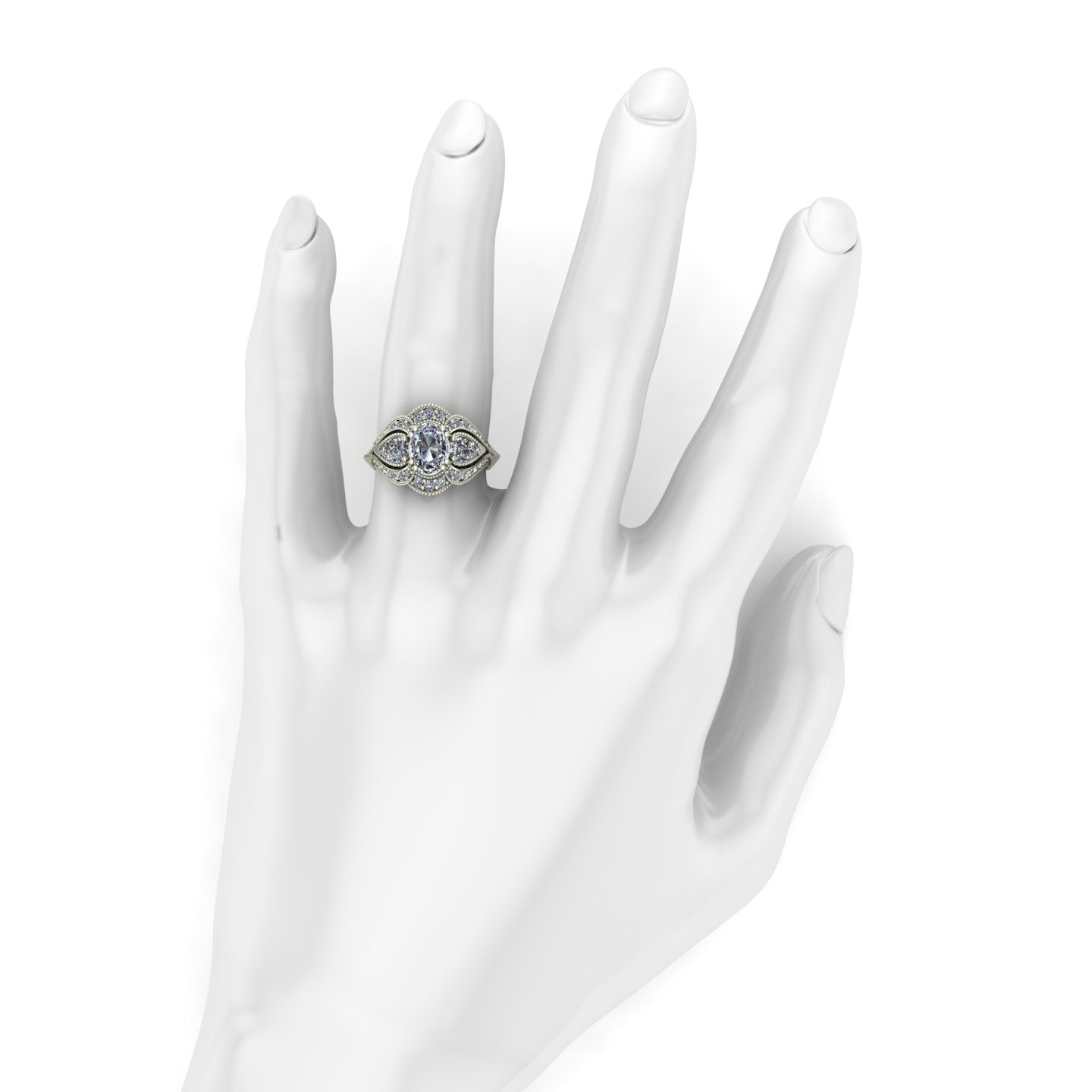Oval and pear diamond engagement ring in 18k white gold - Charles Babb Designs - on hand